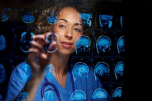Woman viewing medical imaging