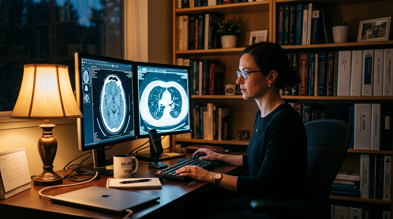 Physician at their home Teleradiology workstation.